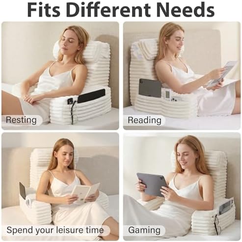 ENITYA 19" Large Back Pillow for Bed Sitting Up with Armrests & Big Pockets - Image 4