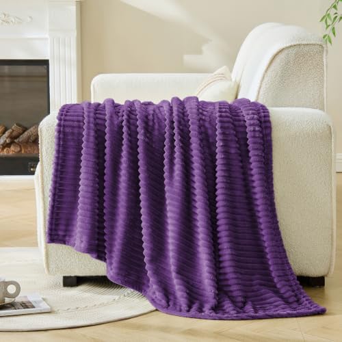 Bnuitland Fleece Throw Blanket, 300GSM Soft Warm Cozy Fluffy Throw for Babys & Pets, Stripe Pattern, All Season Sofa Bed Blanket for Home Decor, Dark Purple 50"x70" - Image 3