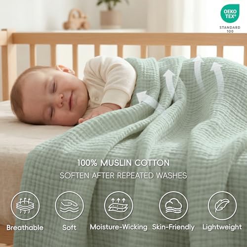 David's Home 100% Natural Cotton Muslin Blanket King Size, 4-Layer Soft Breathable Lightweight Cozy Throw Guaze for Hot Sleepers, 3D Bubble Room Decor for Bed Couch, Giftable, Sage Creen, 108"x90" - Image 2