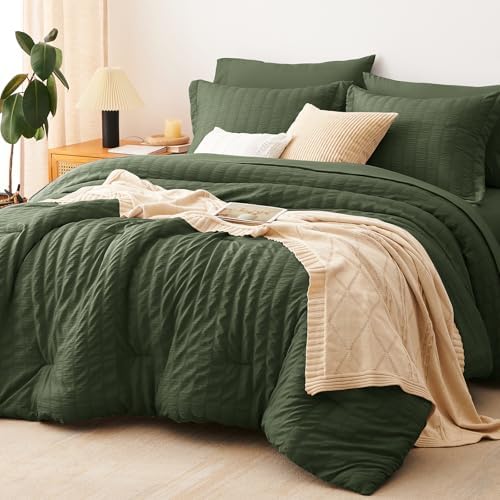 CozyLux Oversized Queen Seersucker Comforter Set, Olive Green, 98 x 98 in by CozyLux