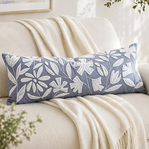 BlissBlush Long Lumbar Pillow Cover 14x36 for Bed, Coastal Dusty Blue Floral Tufted Velvet Accent Oversize Throw Pillowcase for Bedroom, Cover Only by BlissBlush