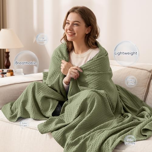 PHF Lightweight Waffle Weave Blanket Queen Size 90"x 90", Soft Woven Summer Blanket for Hot Sleepers - Aesthetic Home Decor for Couch Bed Sofa, Pet Friendly, Olive Green - Image 2