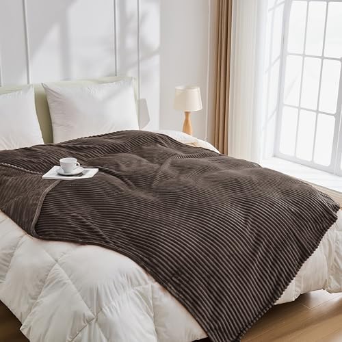 Bnuitland Brown Fleece Throw Blanket for Couch, 300GSM Soft Warm Cozy Fluffy Throw for Adults & Kids, Stripe Pattern 50"x60", All Season Sofa Bed Blanket for Home Decor - Image 3