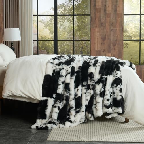 Lotus Karen Faux Fur Throw Blanket Cow Print-Black, Fluffy Fuzzy Plush Bubble Blanket for Couch, 90x90 InchesCozy Shaggy Rabbit Blanket, Luxury Decorative Gifts for Sofa Bedroom Living Room. - Image 6