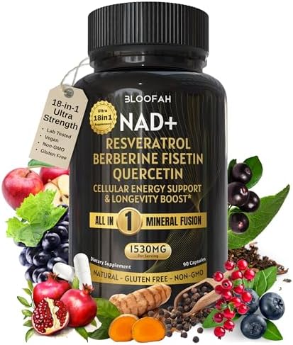 NAD+ Supplement 1530mg - Nicotinamide Riboside with Resveratrol 18 in 1 Herbal Supplement + Green Tea for Women & Men – Cellular Energy, Healthy Aging Support | 90 Vegan Capsules by Bloofah
