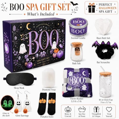 Halloween Gift Basket for Women, Boo Basket Stuffers for Her with 3.3 x 5 ft Blanket, 16 oz Ghost Glass Cup, Lavender Spa Set, Candle, Bath Salts, Soap, Socks and Accessories, Purple - Image 2