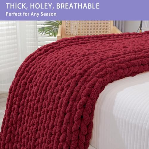 Bigacogo Chunky Knit Throw Blanket for Couch, 51x63 inches, Red - Image 4
