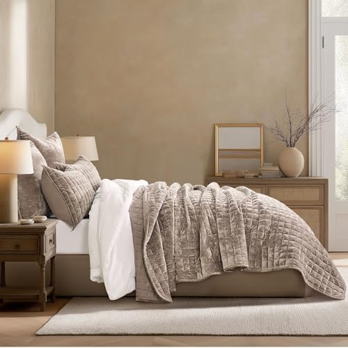 RECYCO Channel Box Stitch Velvet Quilt Set, Full Queen Size, Natural Tan - Image 2