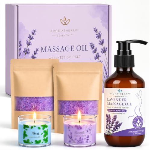 Lavender Massage Oil Gift Set for Massage Therapy - Relaxing Body Massage Oil with Botanical Oils, Includes 2 Bath Salts & 2 Aromatherapy Candles for Home Spa by ZKONLYBEAUTY
