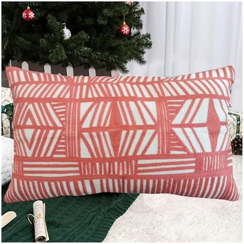 Lumbar Pillowcases Dark Coral Red, Boho Throw Pillow Cover 12x20 by Aitliving