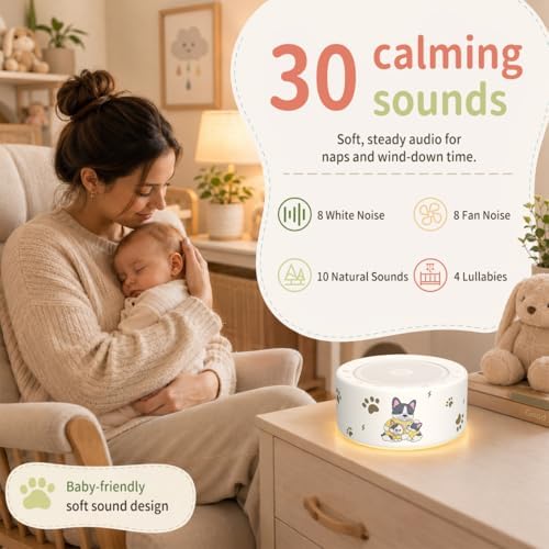 Kipcush White Noise Machine for Baby & Adults, Sleep Sound Machine with 30 Soothing Sounds, 8-Color Night Light, Memory Function, White Noise for Sleeping, Nursery, Office, Travel, Relaxation - Image 3