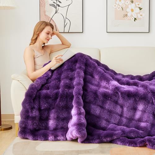 Latepis Faux Fur Twin Purple Blanket Plush 60x80 Inch Cute Fluffy Warm Bubble Blankets for Couch Bedroom Soft Blankets for All Seasons Cozy Blanket for Woman Gift, 860GSM - Image 3