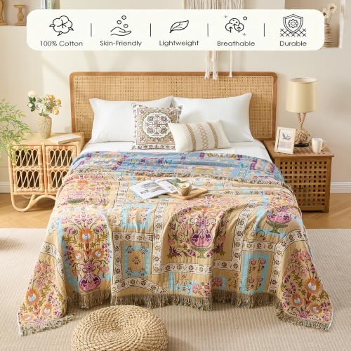 VANJOROY Boho Throw Blanket, 100% Organic Cotton Breathable Skin-Friendly Ultra Soft 50" x 60" Bed Quilt Throw - Floral Rustic Luxury Reversible Blanket for Sofa Couch Chair and Gift, - Image 4