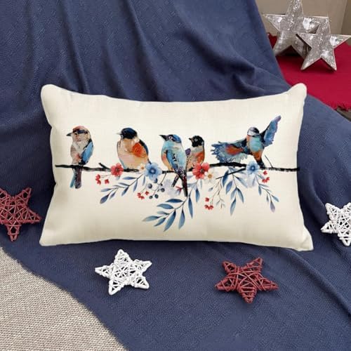RABUSOFA 4th of July Memorial Day Patriotic Lumbar Throw Pillow Cover,12x20 Inch Red White and Blue Birds Flowers Independence Day American Fourth of July Decoration for Sofa Couch - Image 5