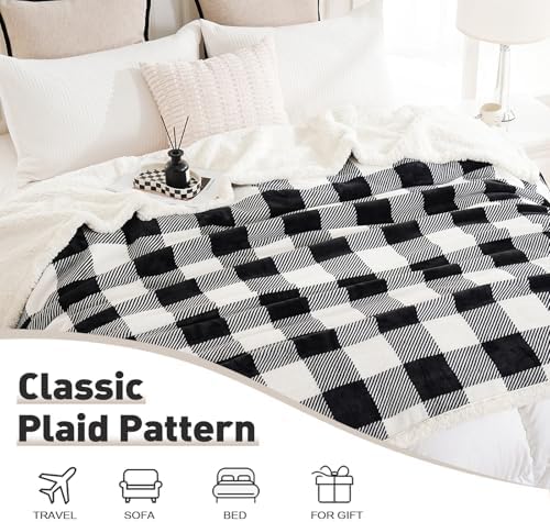 PU MEI Sherpa Fleece Throw Blanket 80" x 90" Reversible Plush Fluffy Large Big Blanket Lattice Flannel Blankets for All Season Use, Black and White - Image 6