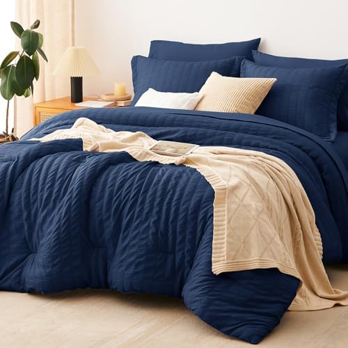 CozyLux King Size Comforter Set, 7 Pieces Navy Blue Seersucker Bed in a Bag by CozyLux