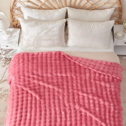 NEWCOSPLAY 3D Bubble Flannel Throw Blanket for Couch Coral Pink, 90"×90" - Image 2