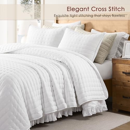WDCOZY White Cloud Quilt Set Twin Size, Lightweight Soft Cross Stitch Bedspread, Farmhouse Rustic Country Coverlet, Spring Summer Thin Comforter, 2 Pieces, 1 Pillow Sham, 68x90 inches - Image 3