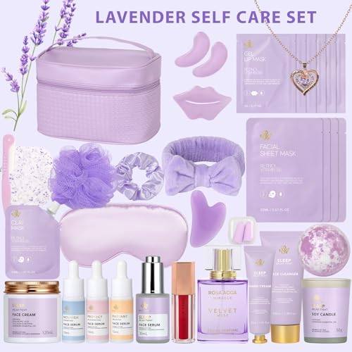 33 pcs Mother's Day Gift for Mom, Lavender Bath & Body Basket Gift Set for Women, Home Spa Kit, Face Sheet Mask Skin Care Gift Set, Cosmetic Bag, Necklace, Birthday, Christmas, Anniversary, Wife - Image 2