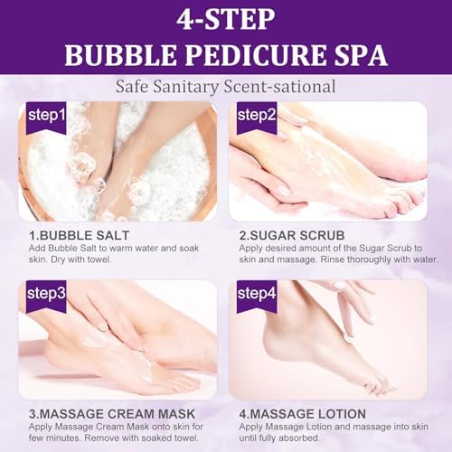 Pedicure Kit Foot Soak Set: Bubble Salt, Sugar Scrub, Massage Mask, Massage Lotion in a Box, 4 Step Foot Spa Kit for Dry Feet, Softens Calluses, Tired Feet（3 Set Lavender) - Image 6