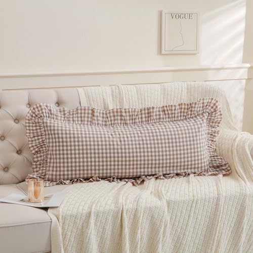 14x36 inches Taupe Plaid Ruffle Gingham Lumbar Throw Pillow Cover - Image 4