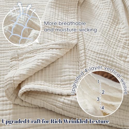 PHF 100% Cotton Muslin Blanket Queen Size 90"x90", 4-Layer Lightweight Gauze Throw, Breathable Cloud-Soft Minimalist Blanket for Bed, Couch, Camping & Baby, Oat Milk, Ideal Gift - Image 3