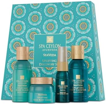 Spa Ceylon SeaVeda Uplifting Discovery Set – 4-Piece Ayurveda Bath & Body Gift Set with Marine Actives, Spearmint, Patchouli & Moringa – Body Cleanser, Body Elixir, Rich Body Cream & Pillow Mist by SPACEYLON