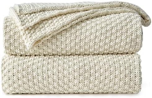 Longhui bedding 100% Cotton Knitted Throw Blanket – Cream, Soft & Cozy, Machine Washable, 60"x80" – Perfect for Living Room, Couch, Sofa, Bed or Travel by LongHuiBedding