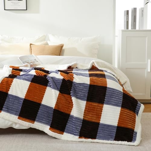 PU MEI Sherpa Blanket Twin Plaid Thick Bed Blanket, 60”*80” Super Soft Flannel Fuzzy Fleece Reversible Velvet Plush Warm Blanket for Couch (Brown Orange Check) - Image 2
