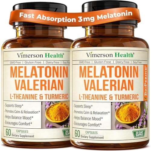 Melatonin 3mg + Valerian Root for Sleep, Daily Calm & Stress Relief Support – Natural Sleep Aid: Organic Turmeric Melatonin Valerian Supplement with L-Theanine, Ginger & Black Pepper – 2 Pack by VimersonHealth