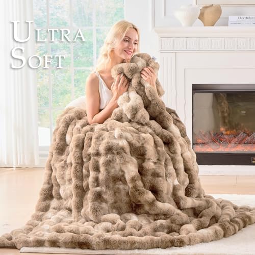 BENVWE Fluffy Faux Fur Throw Blanket for Couch - Soft, Plush, Thick, Cozy, Fuzzy Luxury Minky Bubble Blanket for Home Living Room Decor, Gifts for Women, Tie-dye Brown, 63" x 80", 1100GSM - Image 3