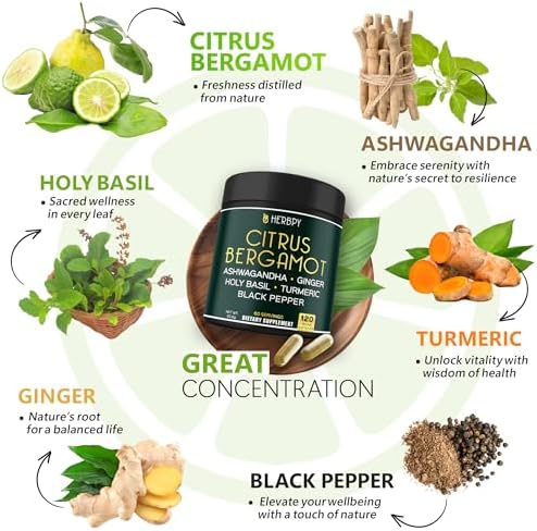 Herbpy 6in1 Citrus Bergamot Supplement with Ashwagandha, Holy Basil, Turmeric & Ginger Root - Healthy Aging, Immune & Relaxation - 120 Vegan Capsules - Image 4