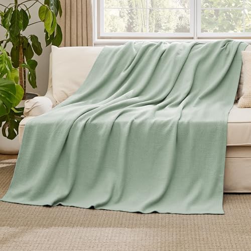 Bedsure 100% Cotton Blanket, Herringbone Weave, Full, Sage Green - Image 5