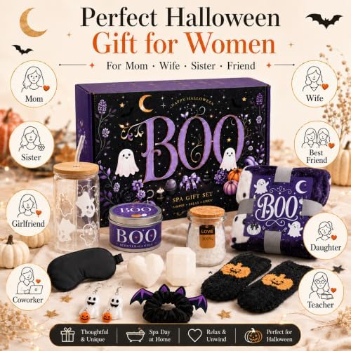 Halloween Gift Basket for Women, Boo Basket Stuffers for Her with 3.3 x 5 ft Blanket, 16 oz Ghost Glass Cup, Lavender Spa Set, Candle, Bath Salts, Soap, Socks and Accessories, Purple - Image 3