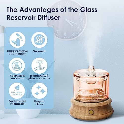 Lecdura Glass Essential Oil Diffuser, 80ML Small Glass Reservoir Natural Wood Base Ultrasonic Cool Mist Aroma Diffusers with USB-Cord Auto-Off 7 Color Light for Home Office Bedroom - Image 3