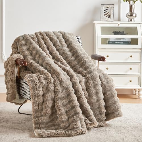 60x80 Inches Ultra-Soft Fuzzy Faux Fur Plush Twin Size Blanket - Thick, Warm Sherpa for Couch, Sofa, Bedroom, Camping - Decorative Blanket for Cozy Warmth, Bubble Dark Brown - Image 2