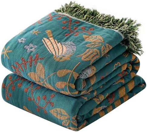 VANJOROY Boho Throw Blanket, 100% Organic Cotton Breathable Ultra Soft 91" x 108" King Bed Quilt Throw - Floral Rustic Bird Farmhouse Decor Luxury Blanket for Sofa Couch Chair and Gift,Teal/Beige by CHOOSEVANJOROYENJOYAMORECOMFORTABLEFEELING