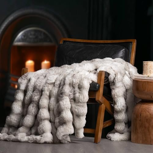 EverGrace Faux Rabbit Fur Bubble Throw Blanket, 60"x80", Light Grey by EVERGRACE