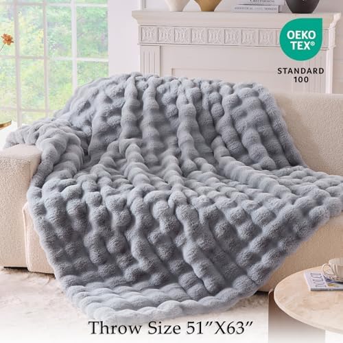 BENVWE Fluffy Faux Fur Throw Blanket for Couch, Soft Plush Thick Cozy Fuzzy Luxury Minky Bubble Blanket for Home Living Room Decor Gift for Women, Light Grey, 51" x 63", 1100GSM - Image 2