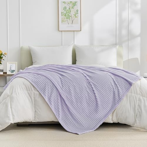 Bnuitland Fleece Throw Blanket for Couch, 300GSM Soft Warm Cozy Fluffy Throw for Adults & Kids, Stripe Pattern, All Season Sofa Bed Blanket for Home Decor, Light Purple 50"x60" - Image 5