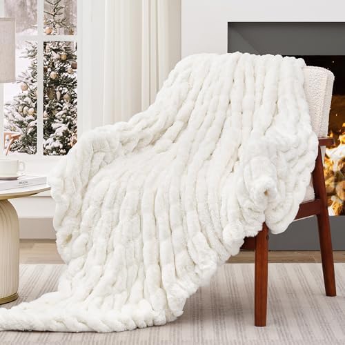 Touchat Ruched Rabbit Faux Fur Throw Blanket,Fluffy Soft Cozy,Cream White by TOUCHAT