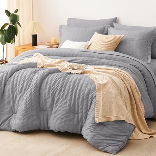 CozyLux Queen Comforter Set, 7 Pieces Grey Seersucker Bed in a Bag by CozyLux