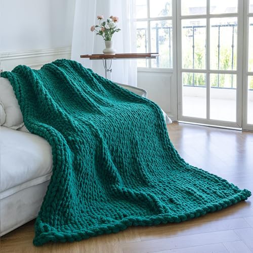 Chunky Knit Throw Blanket for Couch，60X80 Inches Green by Larexius