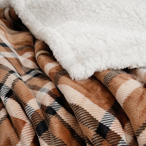 PU MEI Sherpa Fleece Throw Blanket 60" x 80" Reversible Plush Fluffy Large Big Blanket Lattice Flannel Blankets for All Season Use, Mocha Brown - Image 5