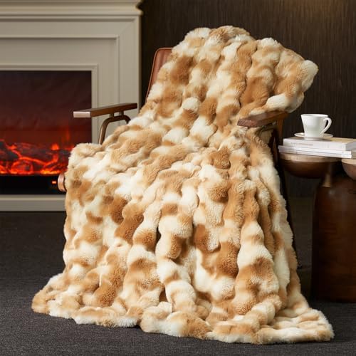 Amélie Home Faux Fur Throw Blanket for Couch, Ultra Soft Fuzzy Plush Bubble Throw for Sofa, Living Room & Home Decor, 50"x60", Tie-dye Khaki by Am%C3%A9lieHome