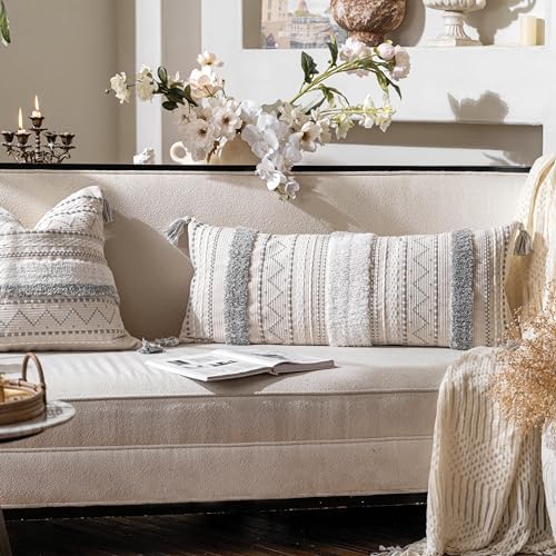 BlissBlush 14x36 Lumbar Pillow Cover for Bed, Rectangular Long Decorative Throw Pillowcase, Boho Accent Cushion with Gray Tufted Pattern and Tassels, Cream Neutral (Cover Only) - Image 3