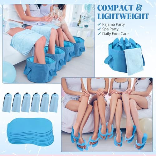 FillTouch 6 Sets Foldable Foot Bath Kit 15L Collapsible Foot Soaking Tub Bathroom Towels Women Adult Foldable Slippers with Storage Bag Spa Soak Pedicure Bath for Travel Camping(Sky Blue) - Image 7