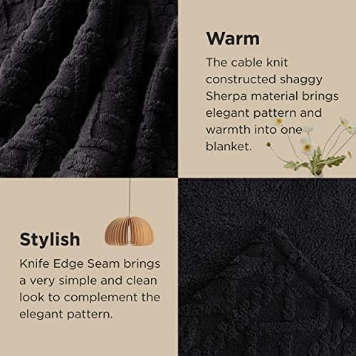 Bedsure Gentlesoft Sherpa Fleece Blanket Twin Size for Bed - Fluffy & Cozy Cable Jacquard Tufted for Women Gift, Thick and Warm Christmas Blanket for Winter, Black, 60x80 Inches - Image 4