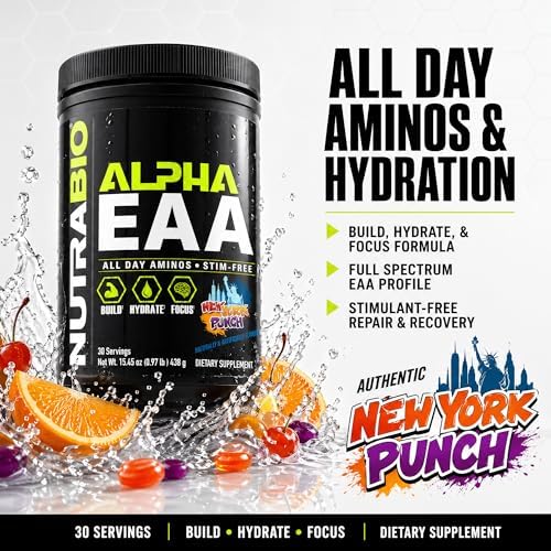 NutraBio Alpha EAA - All-Day Amino Acids for Muscle Growth and Hydration - Essential Amino Acids with Nootropics & Adaptogens- Full Spectrum EAA BCAA Powder - 30 Servings - New York Punch - Image 3