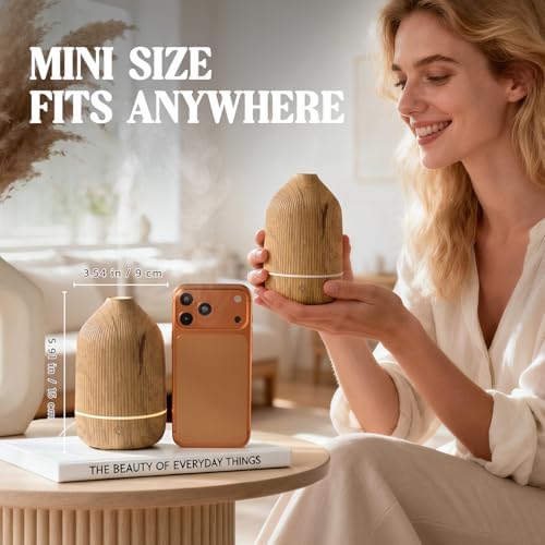 Essential Oil Diffuser, 100ml Aromatherapy Diffuser, Mini Ultrasonic Diffuser for Essential Oil, Home, Office, Cool Mist Humidifier with 7 Led Light, Auto Shut-Off, Wood Grain - Image 2